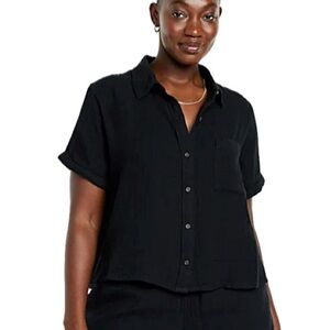 NWT Old Navy Black Cotton Gauze Short Sleeve Button Down Shirt Womens Size 3X